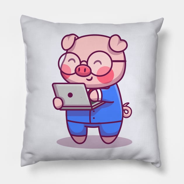 Cute Pig Businessman With Laptop Pillow by Catalyst Labs