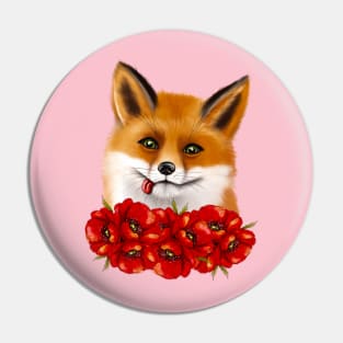 Cute face of a fox with red poppies. Pin