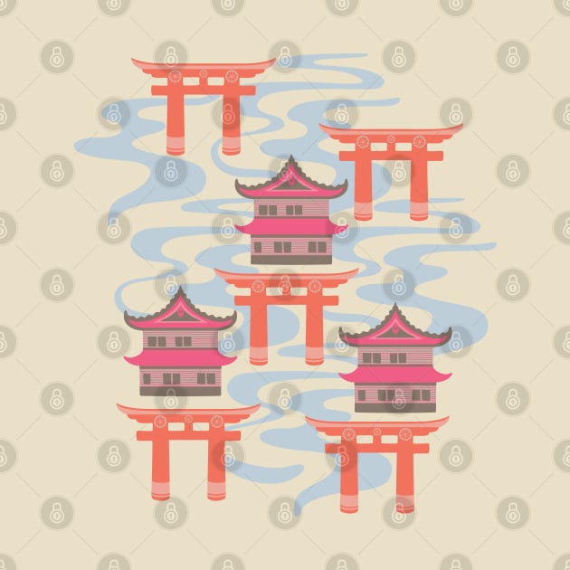 EDO Traditional Japanese Castles and Oriental Japan Torii Gates with Flowing River in Vintage Palette Fuchsia Pink Coral Orange Brown Blue White - UnBlink Studio by Jackie Tahara by UnBlink Studio by Jackie Tahara