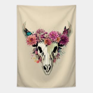 Cow Skull butterflies and floral dahlias crown, rodeo, wild, farm, cowgirl, cow, watercolor style Tapestry