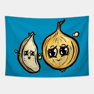 Onion and Garlic Happy Seasoning Friends Cartoon Illustration Mascots Tapestry