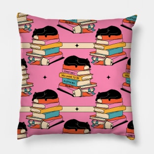 Books and Plant Black Cat Pattern in pink Pillow