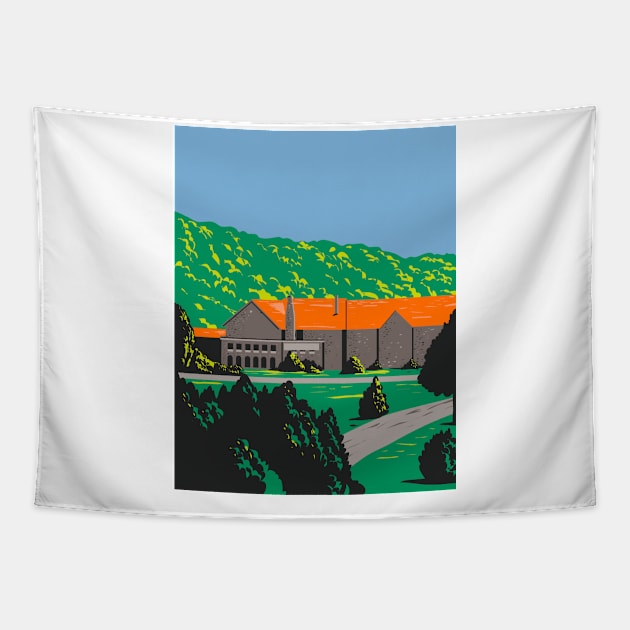 Stone Lodge with Red Roof and Trees in Front During Spring WPA Poster Art Tapestry by patrimonio