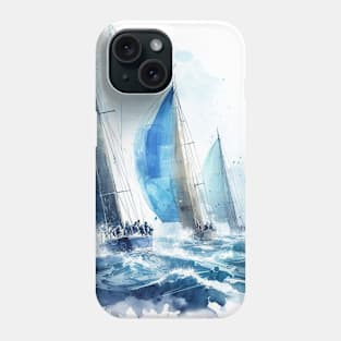 Sailboat race illustration in shades of blue Phone Case