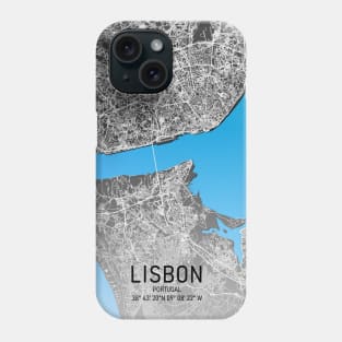 Lisbon City Map Blue, White and Black Phone Case