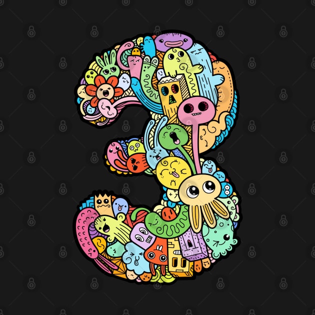 Number 3 three - Funny and Colorful Cute Monster Creatures by funwithletters