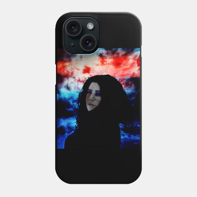 Beautiful girl with dark clothing and hair on dark blue and red clouds background. Phone Case by 234TeeUser234