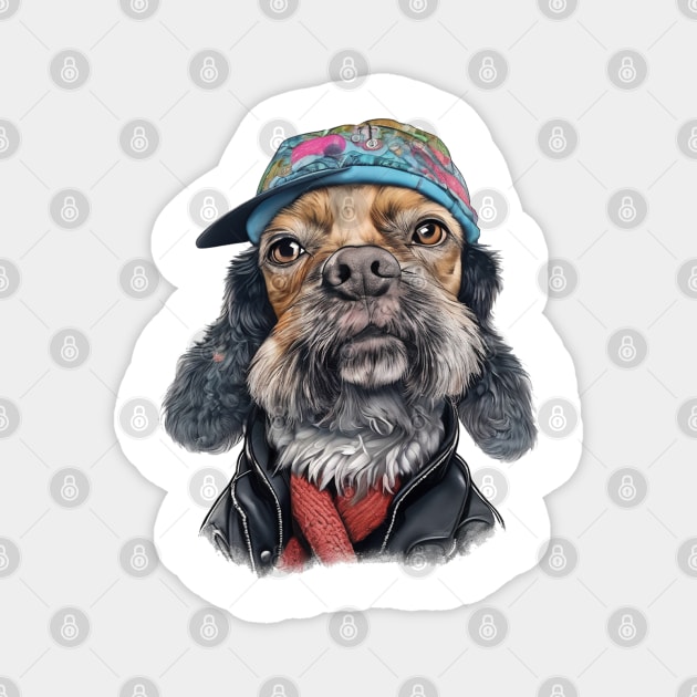 Schnauzer dog wearing a leather jacket and a cap Magnet by JnS Merch Store