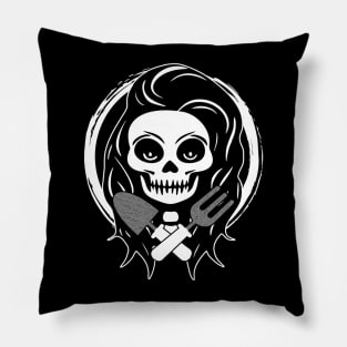 Female Gardener Skull and Garden Tools White Logo Pillow