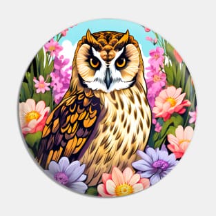 A Cute Short Eared Owl Surrounded by Bold Vibrant Spring Flowers Pin