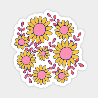 Retro 70s daisy flowers botanical design in blue, pink and yellow Magnet