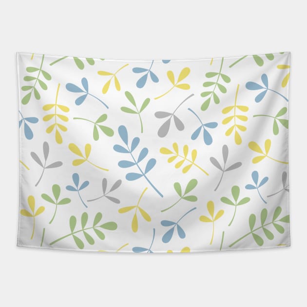 Assorted Leaf Silhouettes Blue Grn Gray Yelw Wt Tapestry by NataliePaskell