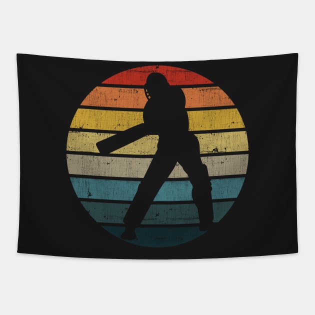 Cricket Player Silhouette On A Distressed Retro Sunset graphic Tapestry by theodoros20