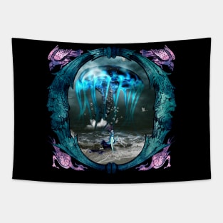 Awesome jellyfish and bautiful mermaid Tapestry