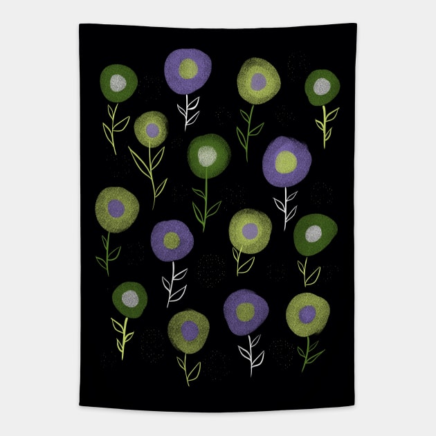 Dark Floral Pattern - Green Purple Round Flowers Tapestry by Boriana Giormova