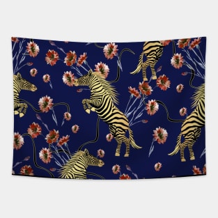 Golden zebra with red watercolor flowers Tapestry