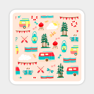 Vintage caravans on a campsite repeat pattern Magnet