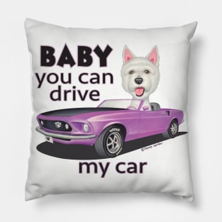 Cute adorable sweet Westie Driving a Classic Mustang Pillow