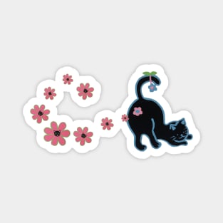 Black cat with pink flowers Magnet