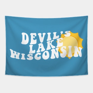 Sunshine in Devil's Lake Wisconsin Retro Wavy 1970s Summer Text Tapestry