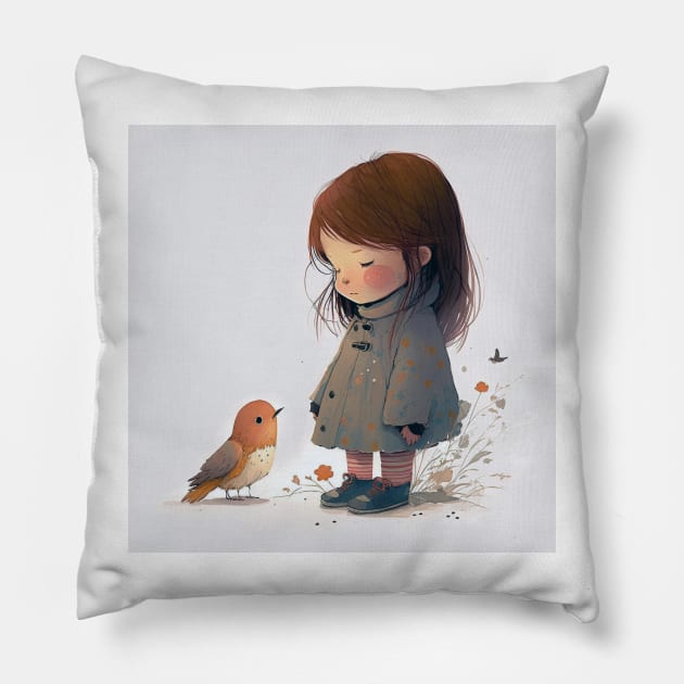 Little girl with a bird Pillow by oscargml