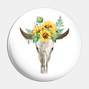 Watercolor skull with sunflowers Pin