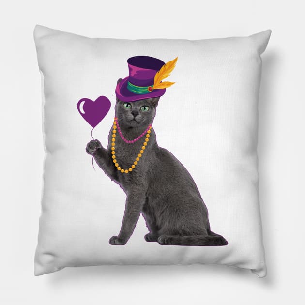 Cat Holding Heart Funny Mardi Gras Carnival Pillow by Illustradise