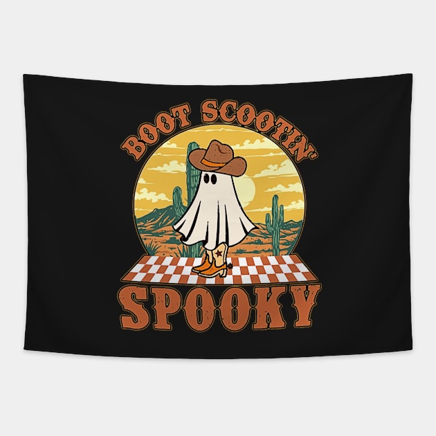 Vintage boot scot spooky cowboy ghost groovy retro halloween Tapestry by masterpiecesai