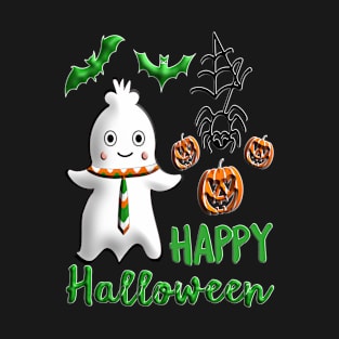 Pumpkin baby boy ghost Kawaii bat spider Happy Halloween violet orange black dots ribbon 3D tridimensional 318 T-Shirt