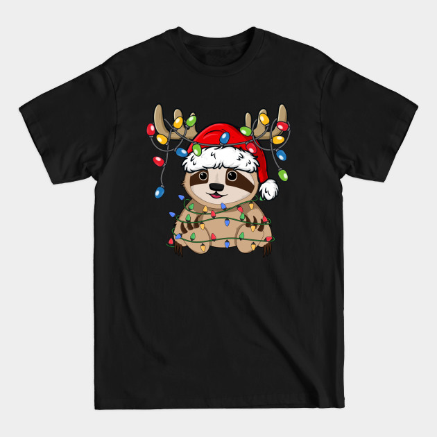 Disover Cute Sloth With Santa Hat Reindeer Antlers Christmas Lights - Sloth Christmas - T-Shirt