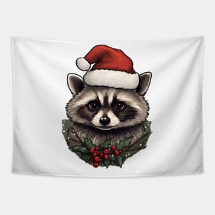 Santa hat Raccoon with holly Tapestry