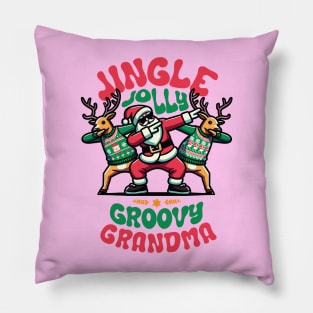 Grandma - Holly Jingle Jolly Groovy Santa and Reindeers in Ugly Sweater Dabbing Dancing. Personalized Christmas Pillow