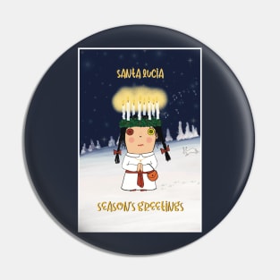 Greetingcard with the Santa Lucia bringing light in the darkness. Scandinavian tradition. Pin