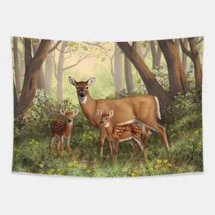 Whitetail Deer Doe & Cute Twin Fawns Tapestry