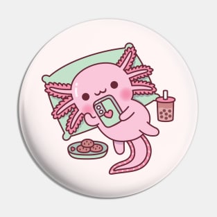 Cute Axolotl Chilling With Handphone Boba Tea And Cookies Pin