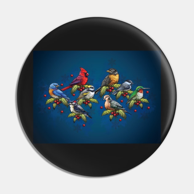 Christmas Holiday Birds Blue Pin by CassWArt