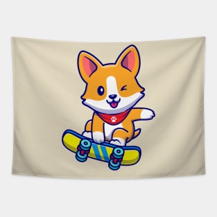 Cute Corgi Dog Playing Skateboard Cartoon Tapestry