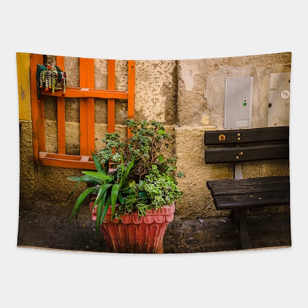 Italian Style Street Bench Green Plant Tapestry by eleonoraingrid