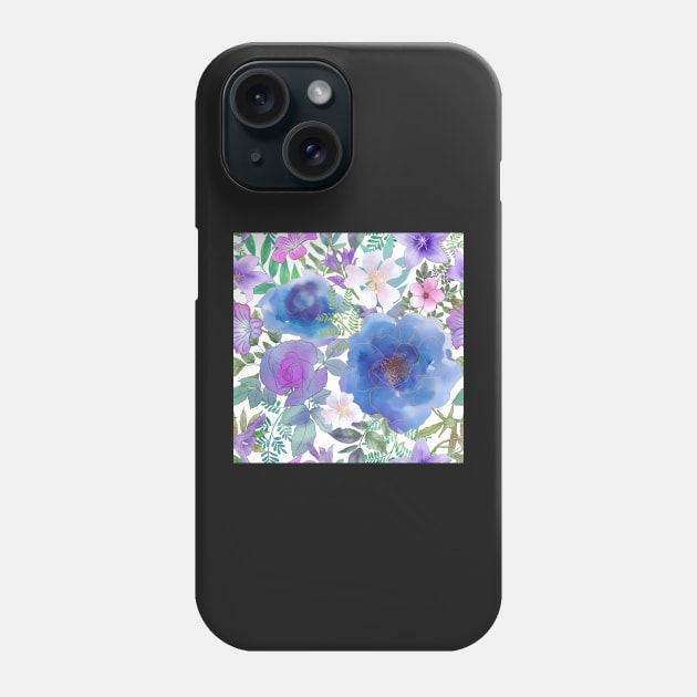 Blue roses and bellflowers.Vibrant watercolor wild flowers print Phone Case by likapix