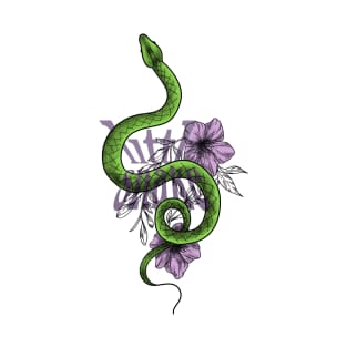 Drawing of a snake and flowers with the inscription T-Shirt