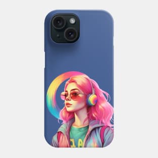 beautiful young girl in headphones with a rainbow Phone Case