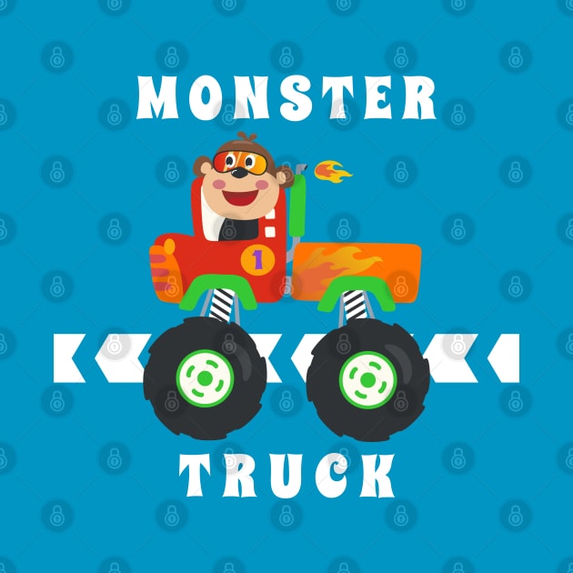 Cartoon vector of monster truck with little animal driver. by KIDS APPAREL