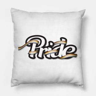 Gay Bear pride flag colored ribbon wrapped around the letters of the word PRIDE Pillow