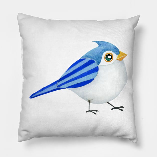 CUTE BIRD - Watercolor Painting Blue White Yellow Baby Bird Titmouse Chick Pillow by VegShop