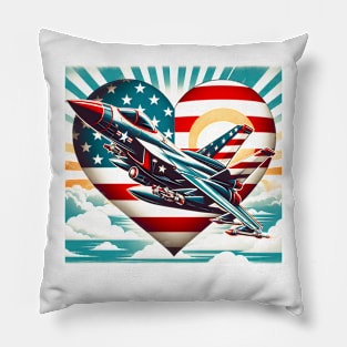 Retro Fighter Jet Airplane American Flag Heart 4Th Of July Pillow