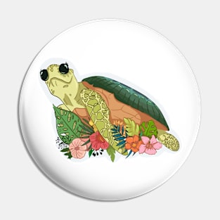 Cartoon turtle With Grass And Flowers, Tortoise Lovers Pin