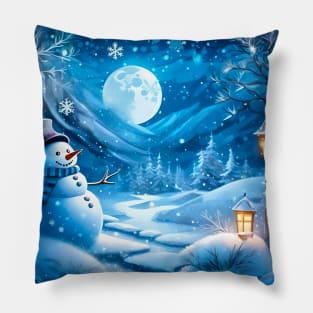 Winter Fairy Tale: Snowman Wizard in the Forest with Snowflakes Pillow