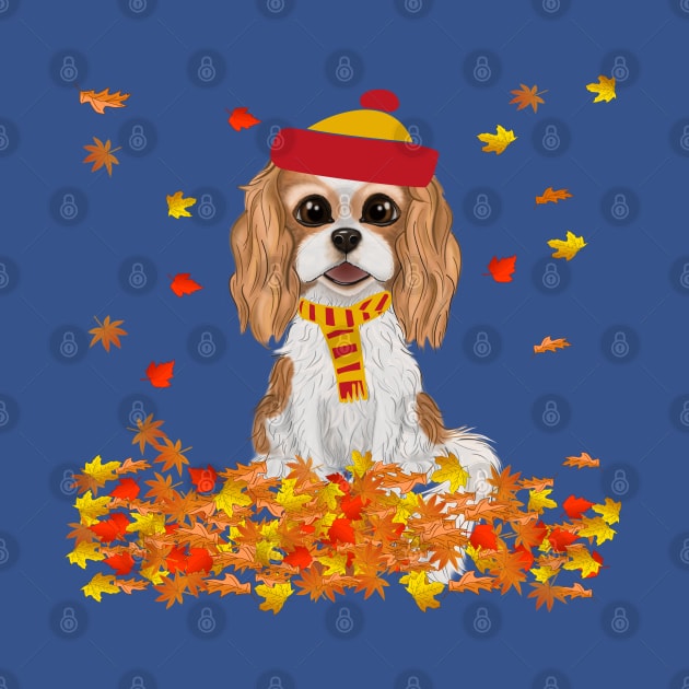 Blenheim Cavalier King Charles Spaniel in Fall Leaves by Cavalier Gifts