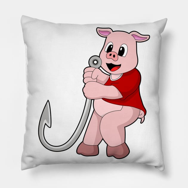 Pig at Fishing with Fish hook Pillow by Markus Schnabel