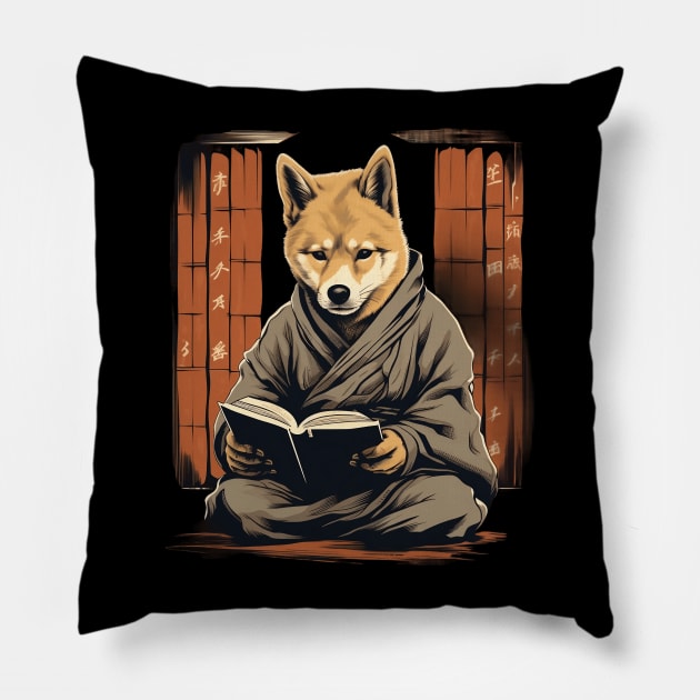 Shiba Inu Dog Reading Book Pillow by origato